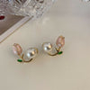 Dainty Enamel Tulip & Round Pearl Korean Style Earrings – Chic Nature-Inspired Jewelry